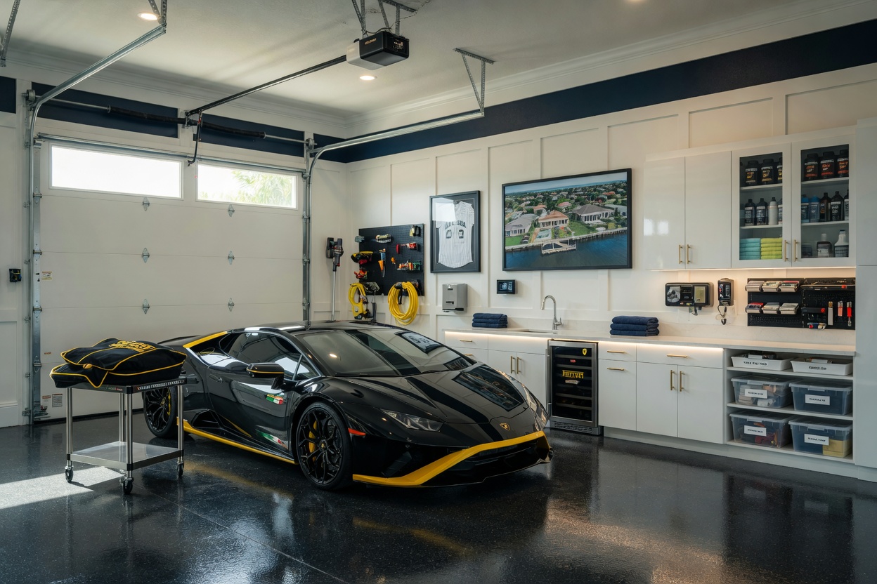 Luxury Cape Coral home garage interior with expensive sports car protected by perfectly sealed door, organized storage, premium finishes