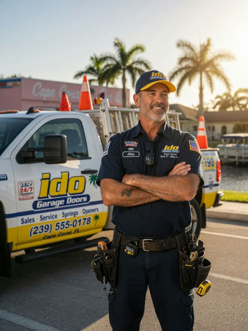 Professional 8K portrait of an experienced garage door technician in Ido Garage Doors uniform standing confidently in front of a service truck in Cape Coral