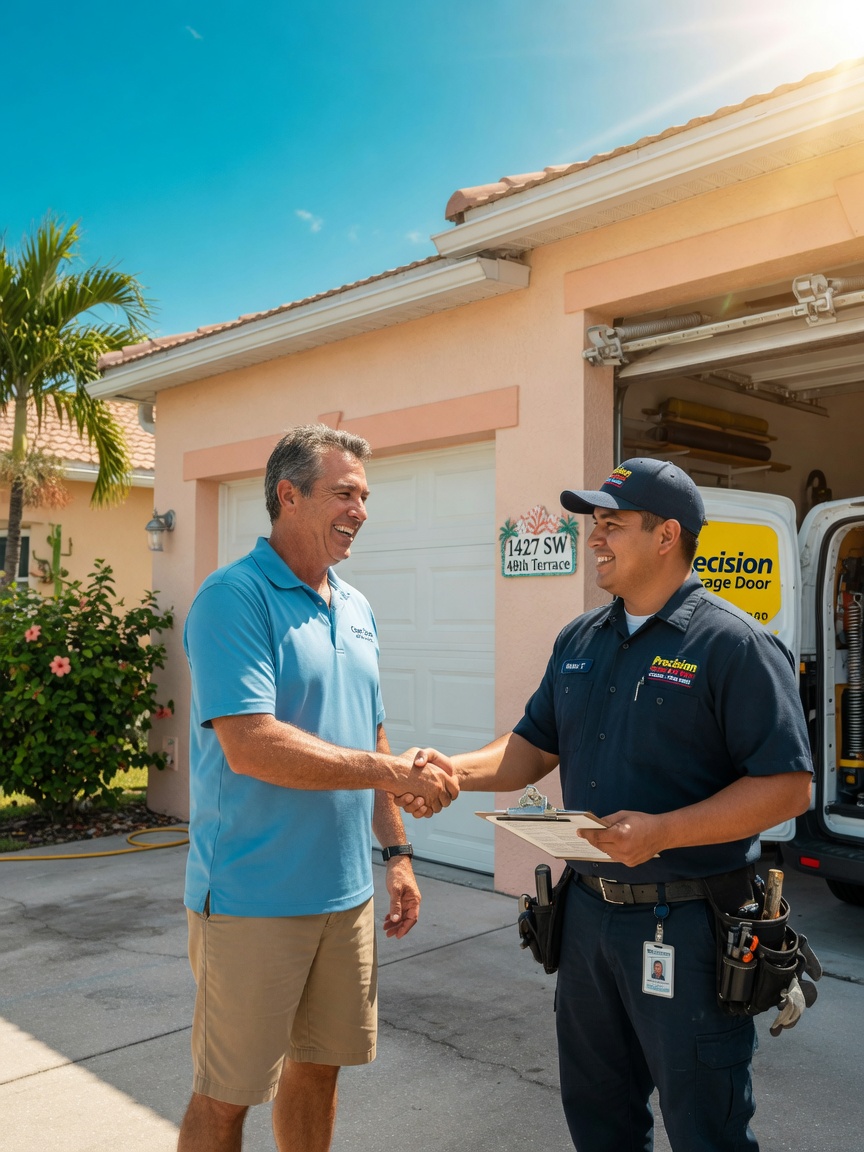 Happy Cape Coral homeowner shaking hands with a uniformed garage door technician in front of a perfectly functioning garage door, sunny day, 8K detail