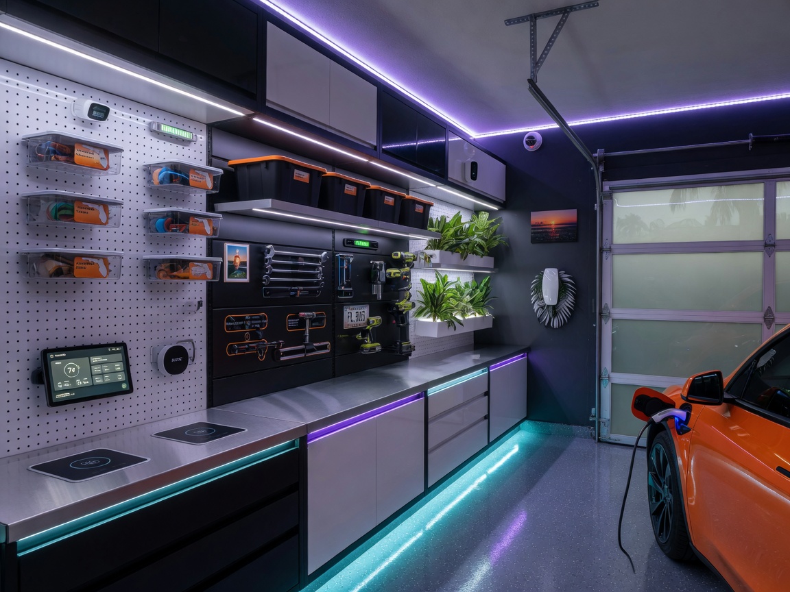High-tech smart garage interior in a Florida home featuring organized storage, integrated LED lighting, security cameras, environmental sensors and sleek modern design, ultra-realistic 8K