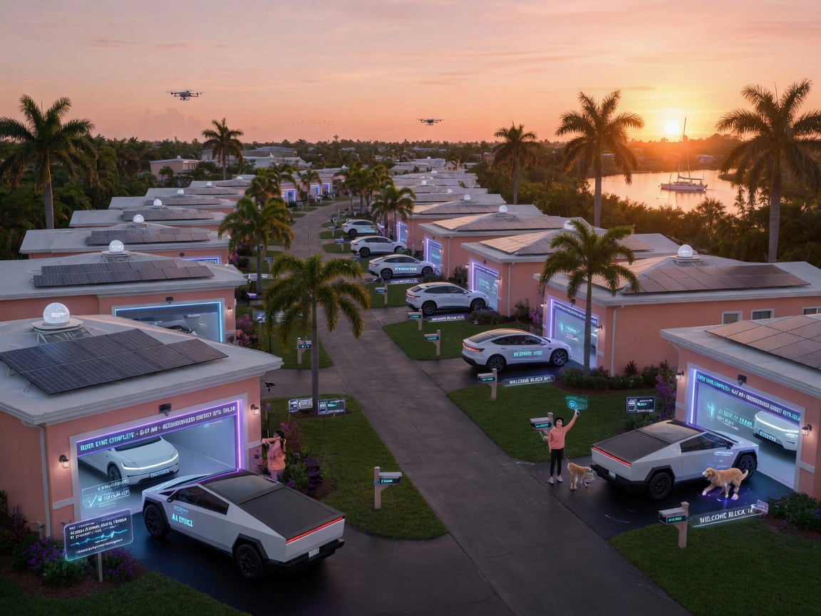 Inspiring 8K future concept image of Cape Coral smart neighborhood in 2026 with every home featuring synchronized AI garage door systems, harmonious suburban community at sunrise