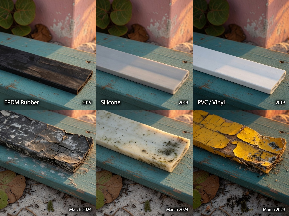 Long-term 5-year aging comparison of weather stripping materials exposed to Southwest Florida climate, showing material condition differences