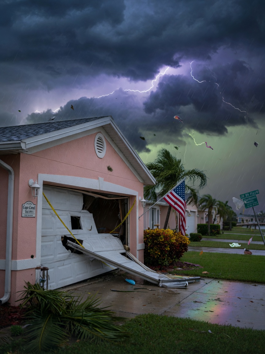 Atmospheric 8K image showing a severe thunderstorm approaching a Cape Coral neighborhood with a damaged garage door from wind, emphasizing the need for prompt repair