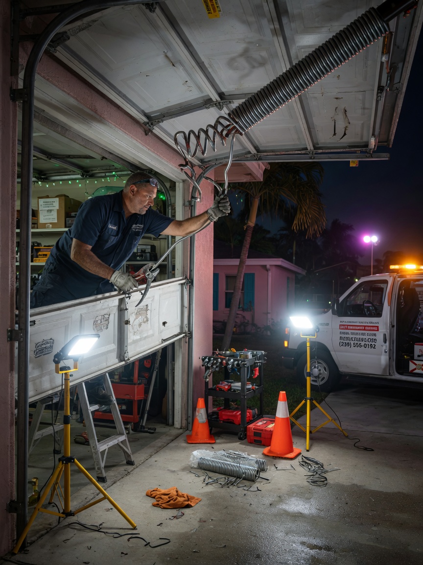 Nighttime emergency garage door repair scene in Cape Coral with technician working under bright work lights on a broken spring, dramatic atmosphere, ultra-realistic 8K