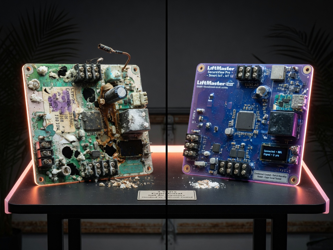 Long-term durability comparison 8K image showing heavily corroded standard garage door electronics next to pristine conformal-coated smart system after 3 years in Cape Coral salt air environment