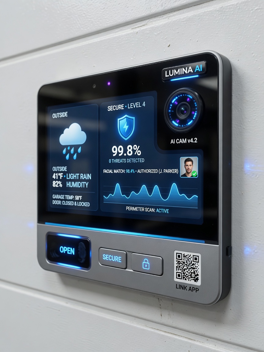 Close-up ultra-realistic 8K image of an advanced AI smart garage door control panel with glowing blue digital display showing security metrics, facial recognition camera, and weather integration data, mounted on clean white garage wall