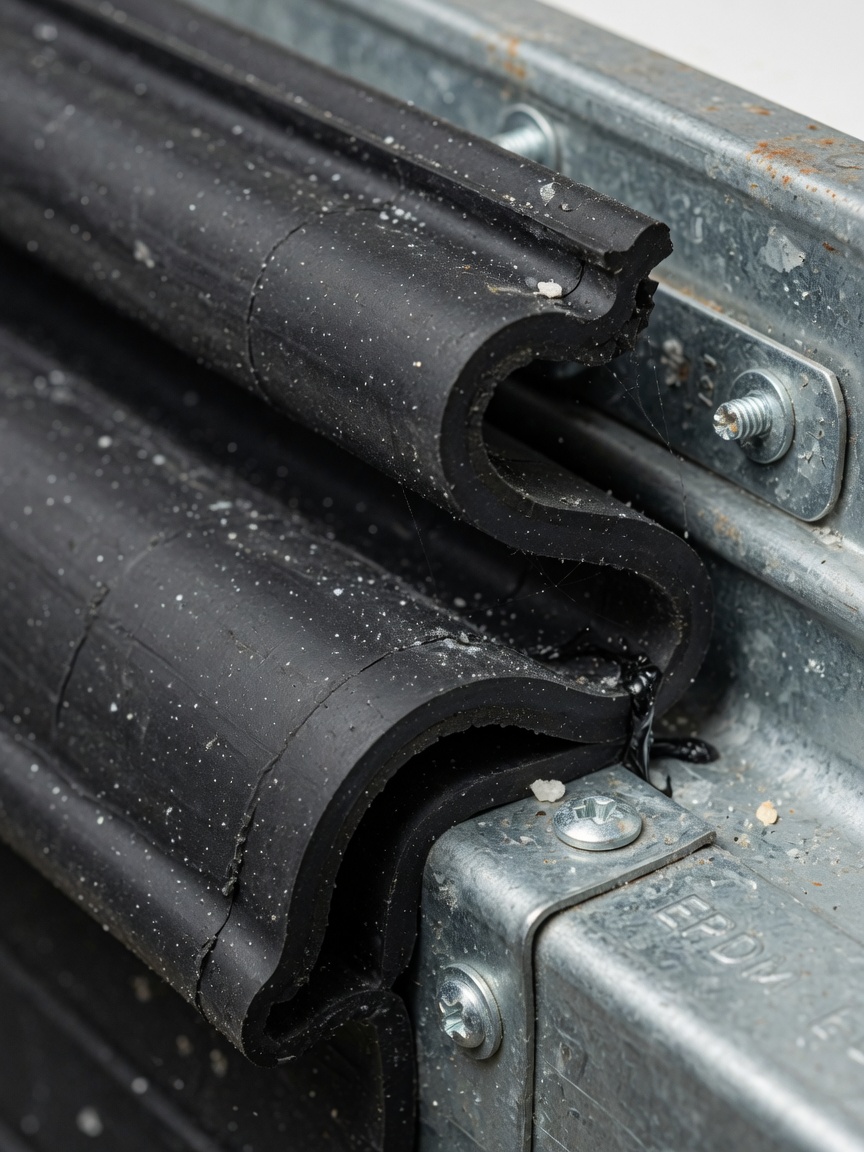 Extreme close-up of EPDM garage door weather stripping showing detailed texture, flexibility, and installation on metal track, with salt air atmosphere visible, 8K resolution