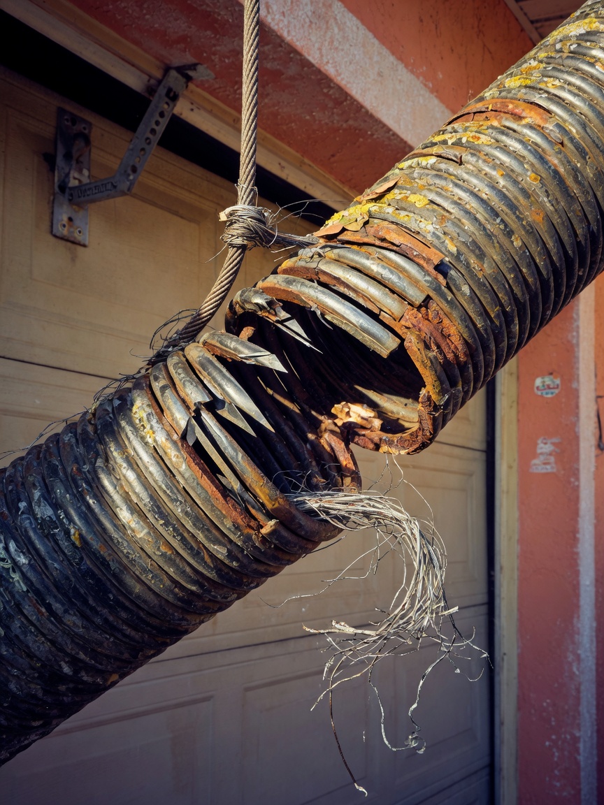 Detailed 8K close-up of a broken torsion spring on a residential garage door in Cape Coral with visible corrosion from salt air, dramatic lighting highlighting metal fatigue and frayed cable