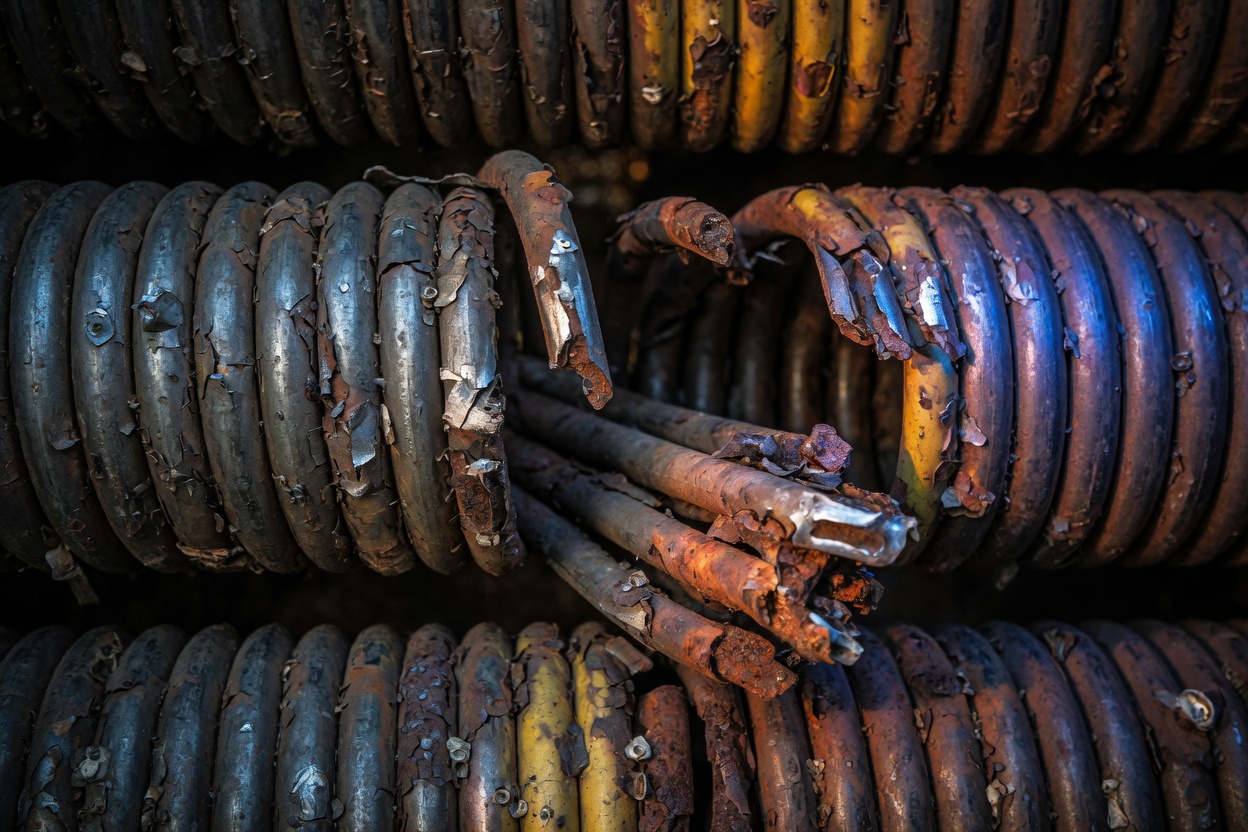 Extreme close-up of a heavily rusted and broken torsion garage door spring with visible metal fatigue and snapped coils, dramatic side lighting highlighting corrosion, 8K detail