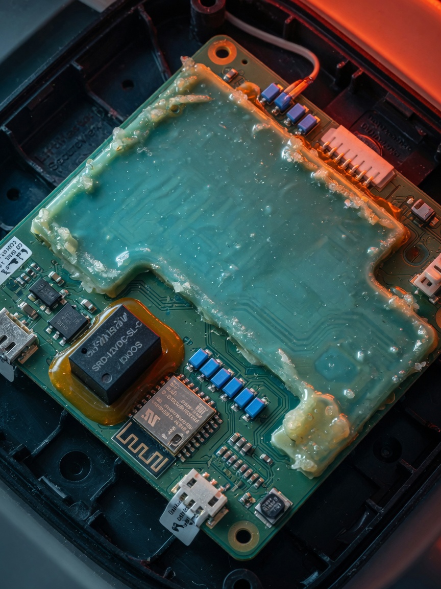 Close-up 8K macro shot of conformal coated circuit board inside a smart garage door opener showing corrosion protection layers designed for salt air and high humidity in Florida coastal environments