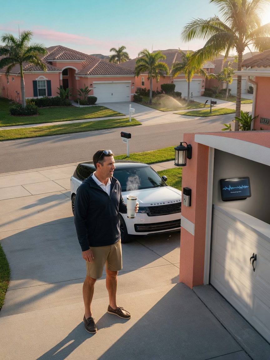 Cinematic 8K ultra-realistic scene of a Cape Coral homeowner using voice command to close garage door from driveway while holding coffee, morning sunlight, luxury suburban neighborhood, smart home integration visible