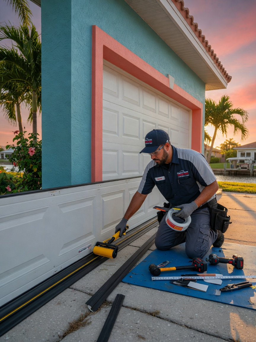 Professional technician installing garage door weather stripping on a home in Cape Coral Florida, wearing uniform, using specialized tools, realistic natural lighting