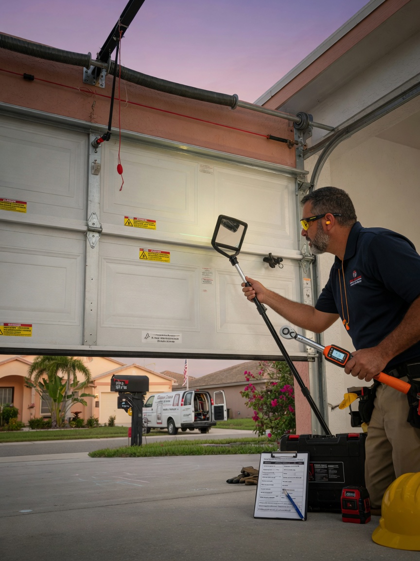 Professional 8K image of a garage door technician performing safety inspection on a white garage door in a suburban Cape Coral neighborhood, wearing safety glasses and using specialized tools