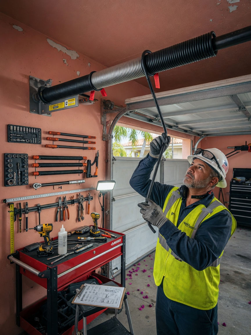 Professional technician in safety gear carefully winding a new torsion spring on a garage door system in a Cape Coral garage, tools neatly organized, realistic workshop lighting, 8K resolution