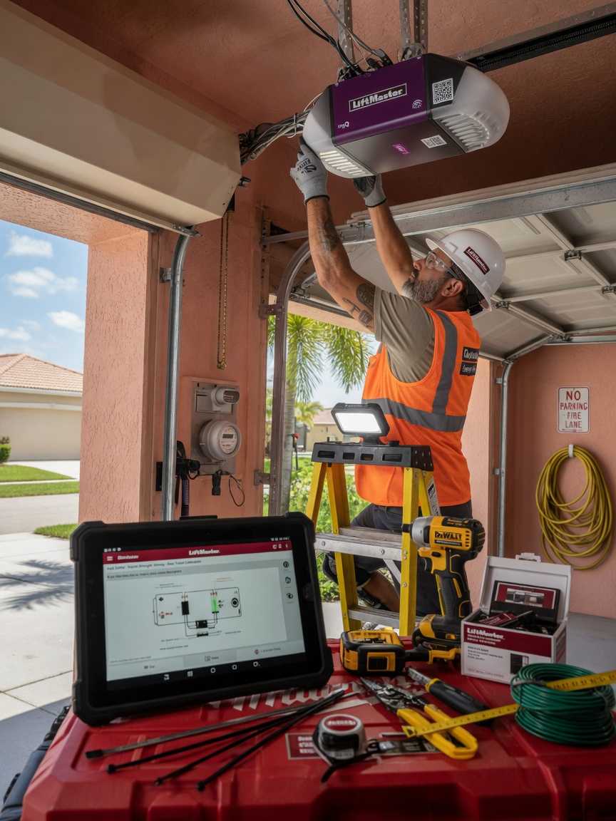 Professional technician in Cape Coral installing a LiftMaster smart garage door opener on a residential garage, wearing safety gear, with tools and diagnostic tablet visible, realistic natural daylight