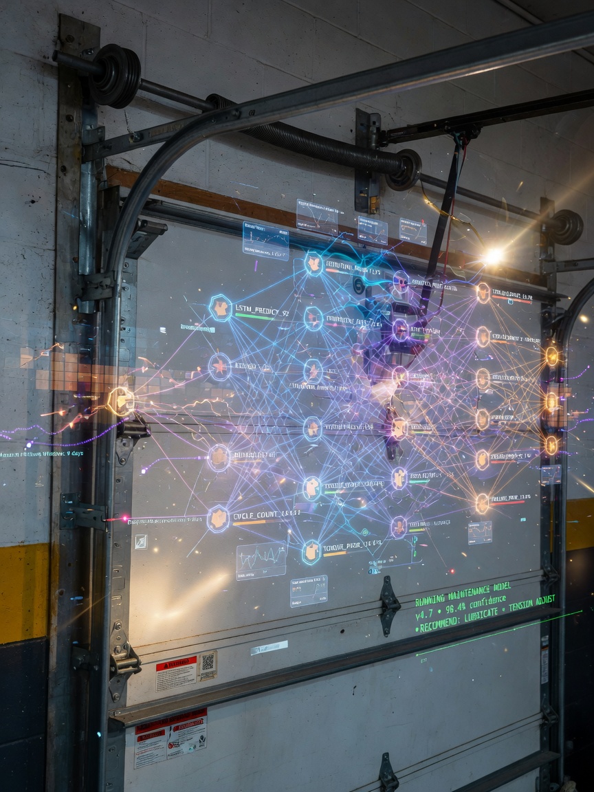 Ultra-detailed 8K render of AI neural network visualization overlaying a physical garage door mechanism, showing predictive maintenance algorithms and sensor data points, technical yet elegant composition