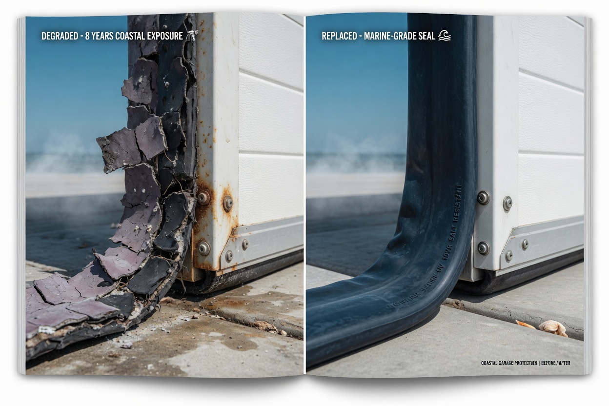 Before and after split image showing degraded cracked weather stripping versus fresh new marine-grade weather seal on a garage door in coastal environment
