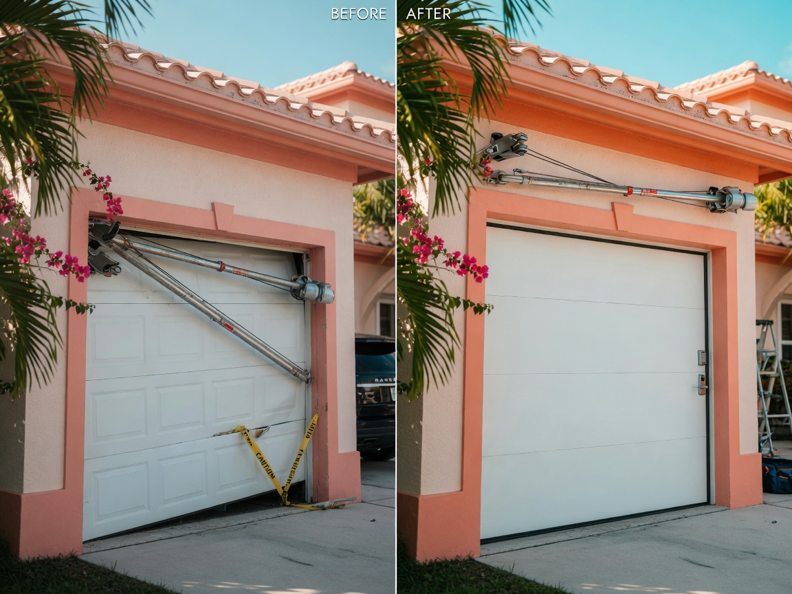 Ultra-realistic 8K photo showing before and after split view of a misaligned garage door being repaired, left side crooked and right side perfectly balanced on a luxury Florida home