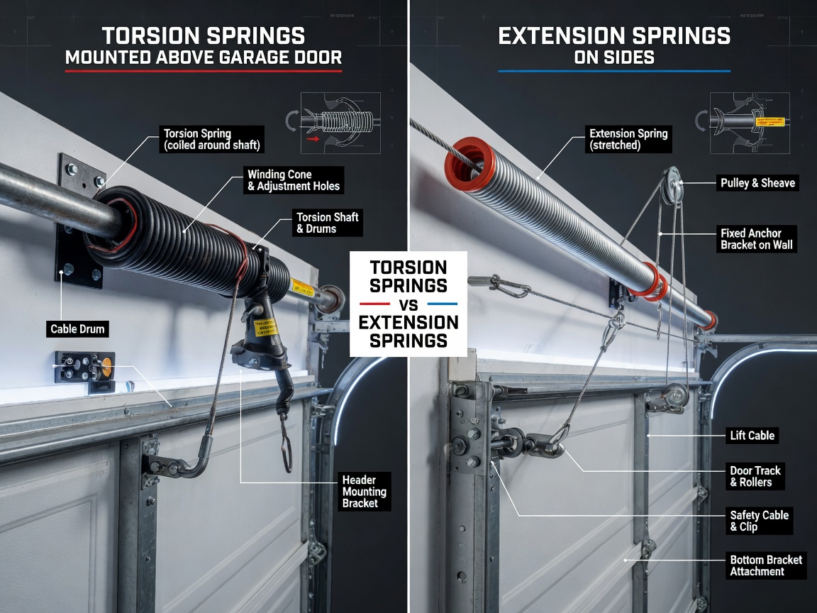 Split screen comparison showing torsion springs mounted above a garage door versus extension springs on the sides, clean technical diagram style with labels, photorealistic 8K