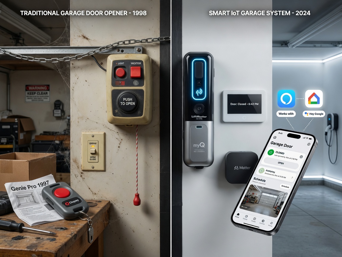 Split screen ultra-realistic comparison showing traditional garage door opener versus smart IoT-enabled system with mobile app interface, Alexa and Google Home icons, 8K detail