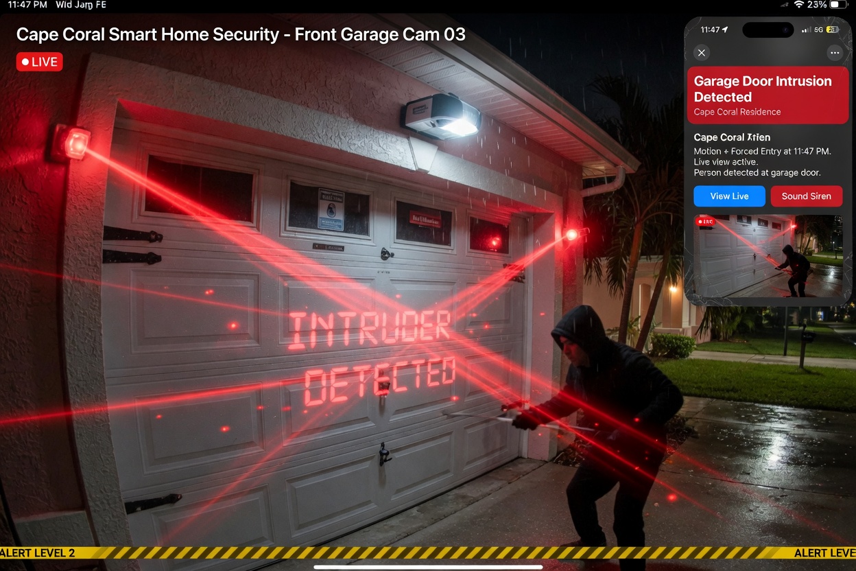Ultra-realistic 8K night security image of a smart garage door in Cape Coral detecting an intruder with red alert beams and smartphone notification overlay, high tension cinematic lighting