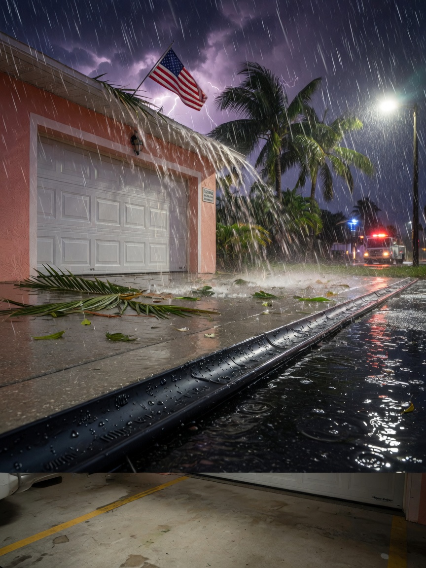 Heavy rain storm in Cape Coral with water being perfectly blocked by quality garage door bottom weather seal, dramatic lighting, ultra realistic 8K