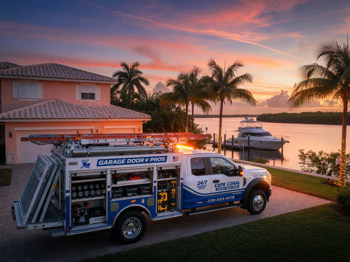 8K cinematic image of a fully stocked garage door repair truck parked in front of a waterfront Cape Coral property at sunrise, with palm trees and beautiful Florida sky in background