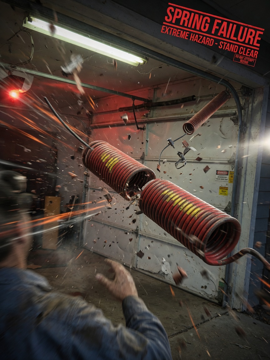 Dangerous moment of a snapped garage door extension spring flying through the air with motion blur, dramatic warning image, ultra-realistic 8K photography