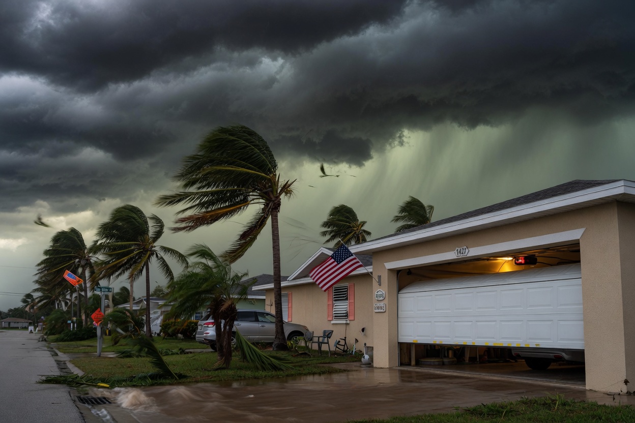 Dramatic 8K image of a smart garage door automatically closing as dark storm clouds from an approaching hurricane gather over a Cape Coral neighborhood with palm trees bending in wind