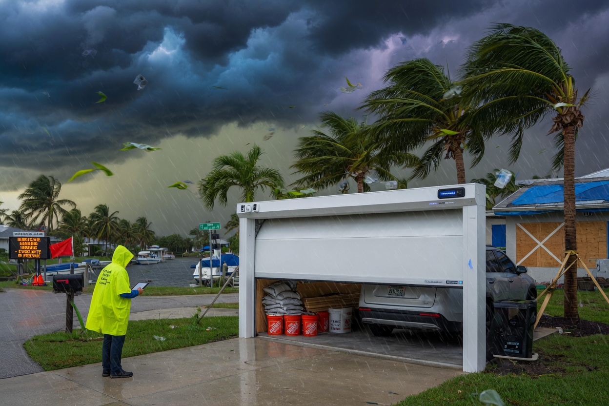 8K hyperrealistic photograph of hurricane preparation in Cape Coral, smart AI garage door automatically closing as storm approaches, palm trees swaying, dark dramatic clouds overhead