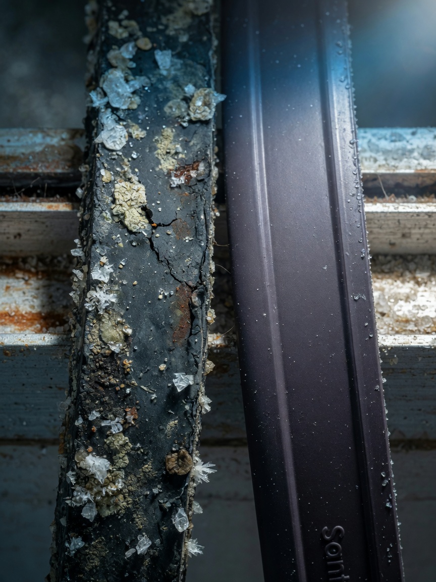 Close-up of salt corrosion damage on old rubber weather stripping versus new Santoprene seal, showing material degradation from Florida coastal air