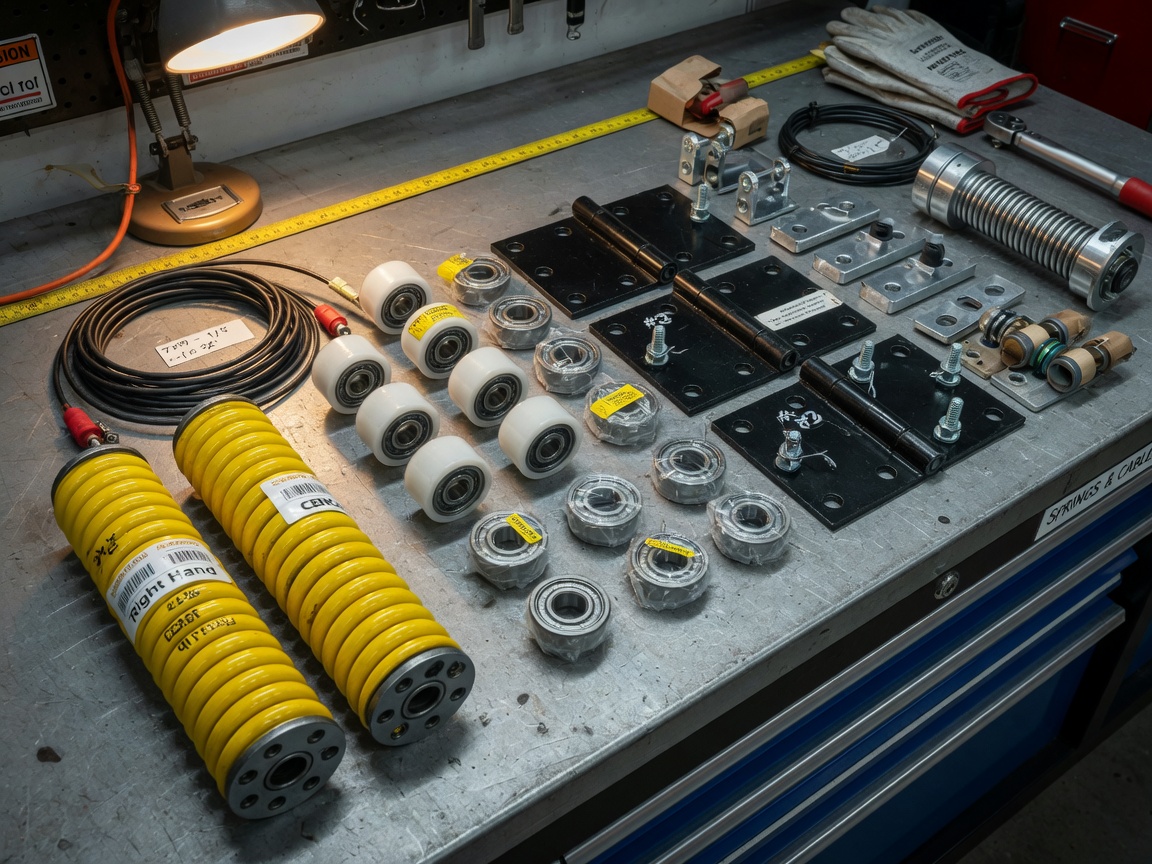 Close-up ultra-detailed 8K photograph of various garage door components including new torsion springs, rollers, cables, and hinges neatly arranged on a technician's workbench
