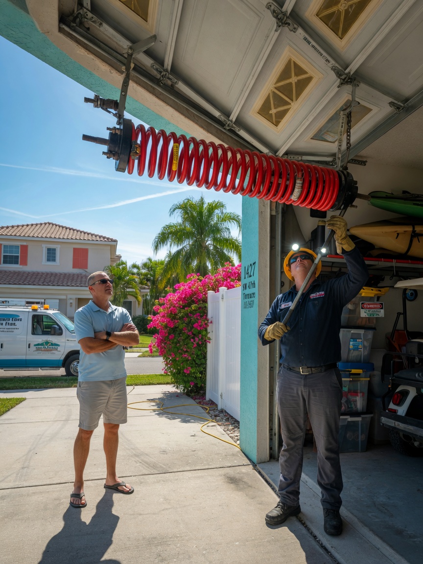 Cape Coral homeowner safely standing back while a uniformed technician inspects a garage door spring, bright Florida daylight, realistic suburban setting, 8K