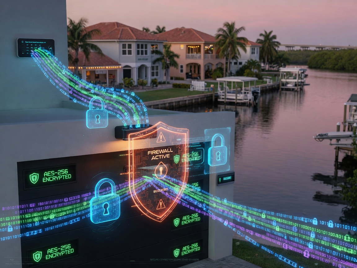 Cybersecurity concept image showing digital lock icons, encrypted data streams, and firewall shields protecting a smart garage door system with Cape Coral waterfront homes in background, futuristic 8K