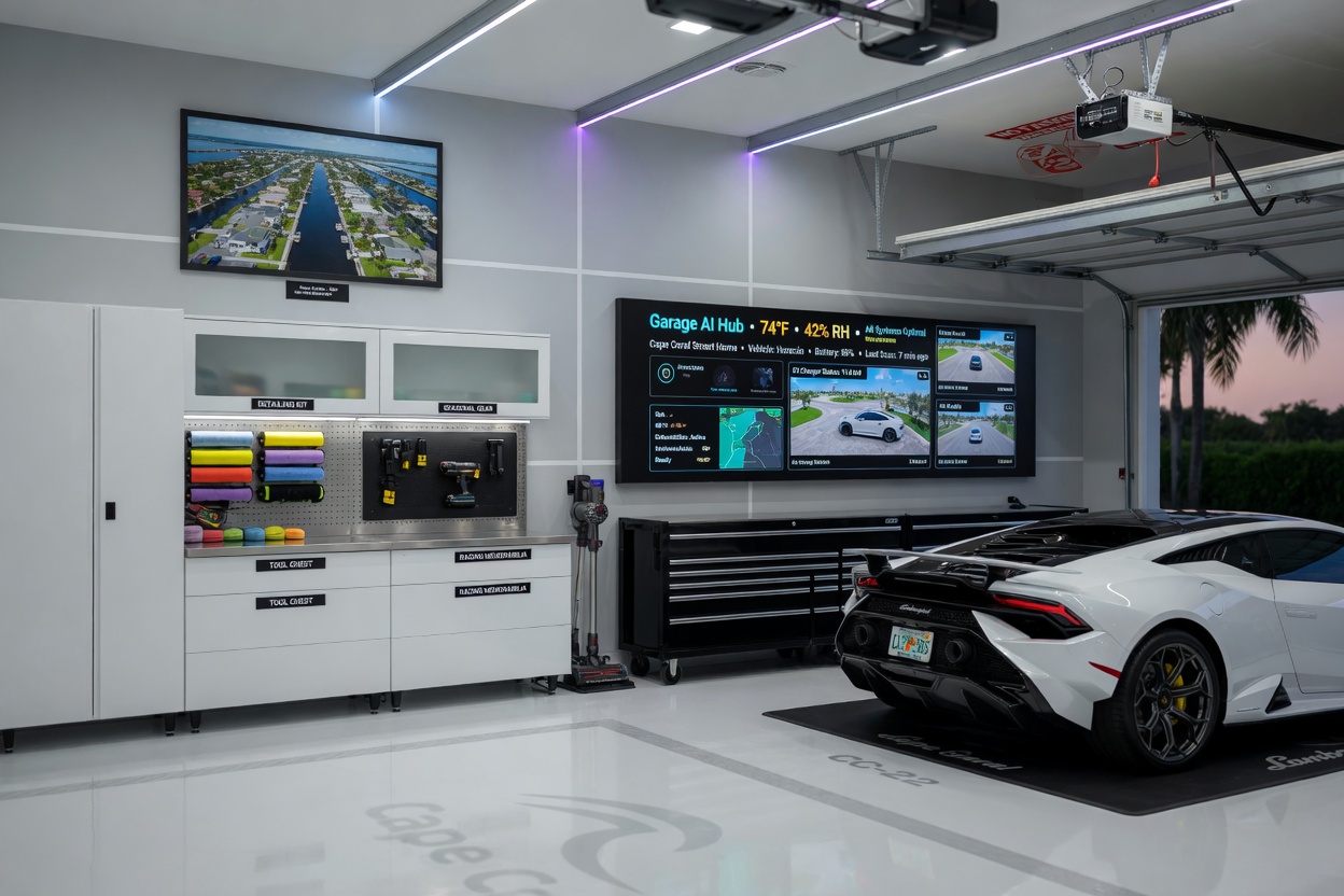 Ultra-realistic 8K interior view of a perfectly organized Cape Coral garage with smart lighting, climate control display, and AI monitoring dashboard on the wall, luxury sports car parked inside