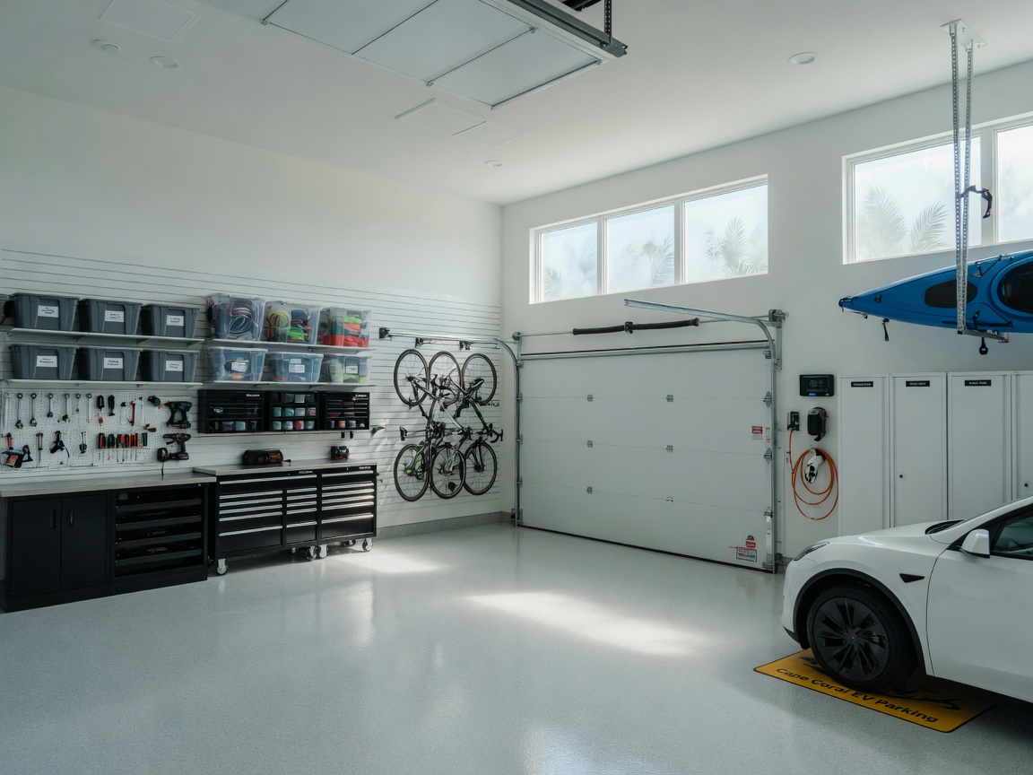 Airtight modern garage interior in Cape Coral showing organized space with no dust or pests, clean sealed doors, soft natural light coming through windows
