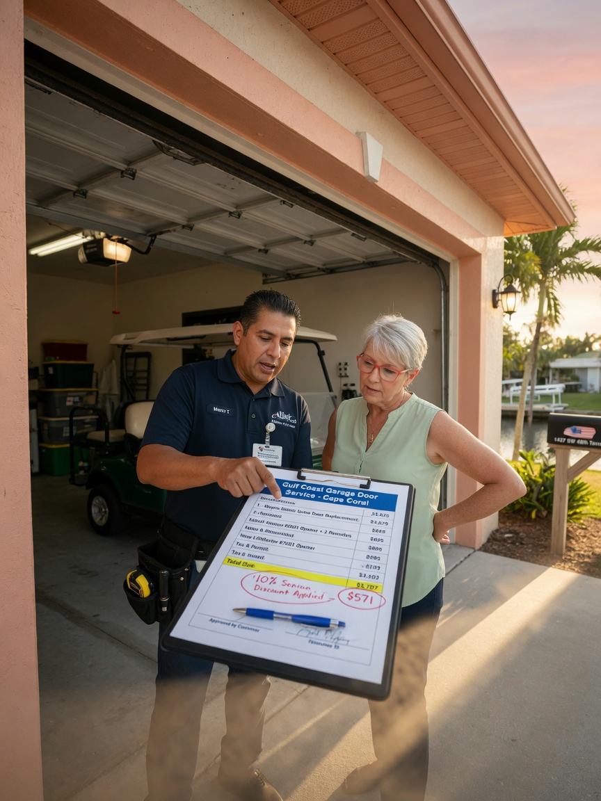 Realistic 8K image of a technician explaining a written estimate to a homeowner at their garage door in Cape Coral, both looking at clipboard with transparent pricing visible