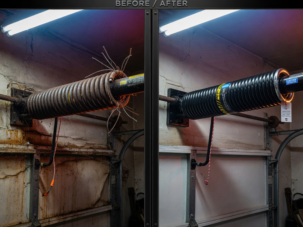 Before and after comparison of a failing rusty garage door spring versus a brand new high-cycle spring installation, side-by-side ultra-detailed 8K image