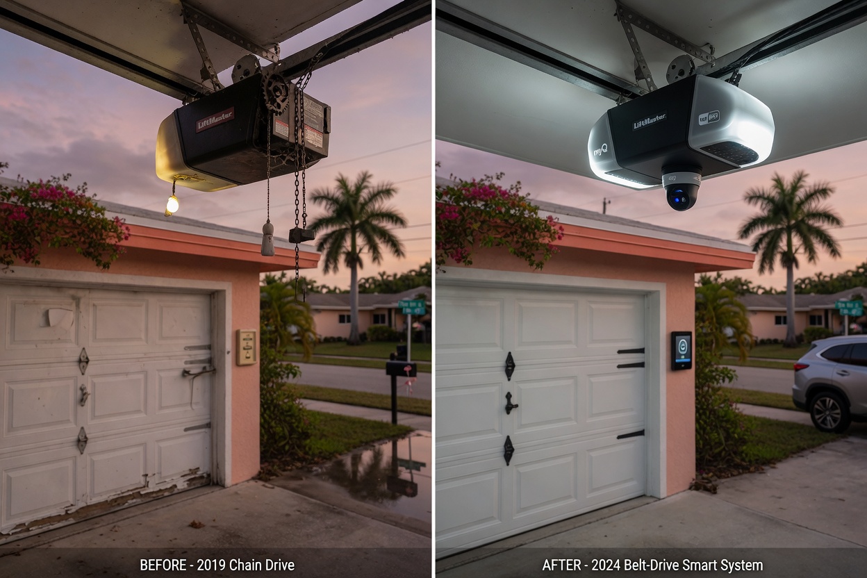 Before and after ultra-realistic 8K photograph of a garage door upgrade in Cape Coral from old chain drive to modern belt-drive smart system with integrated lighting and camera