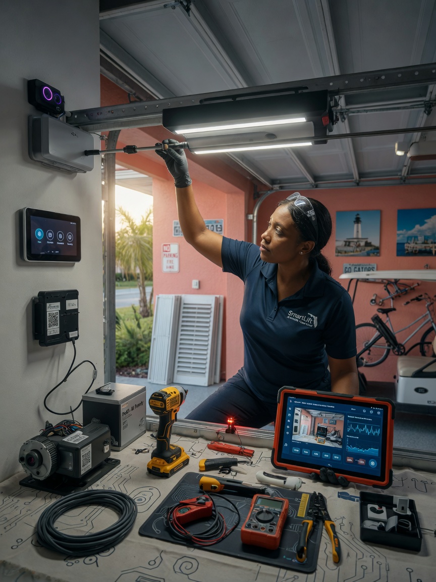 Detailed 8K image of a technician professionally installing AI smart garage door opener components in a Cape Coral home, tools and diagnostic tablet visible, focused professional atmosphere