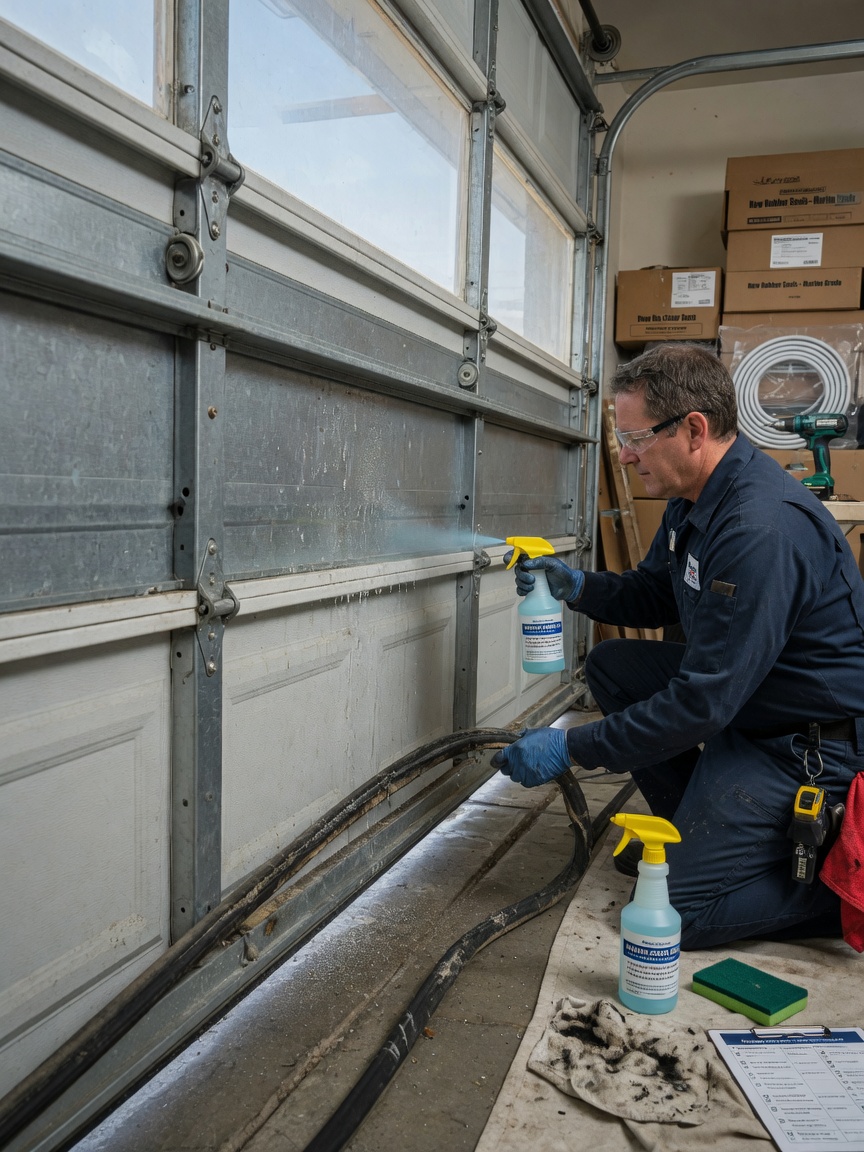 Technician applying marine-grade cleaner to garage door tracks and weather stripping in preparation for new installation, detailed realistic photo