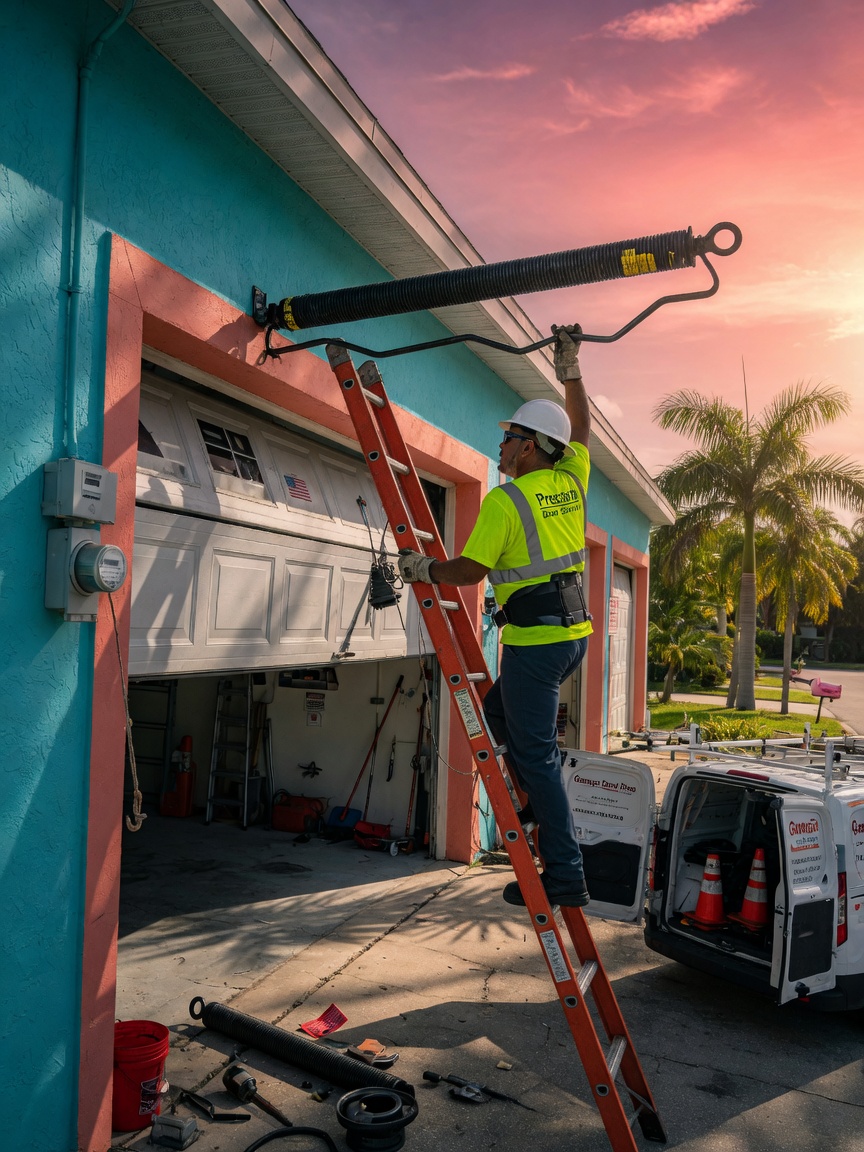 Dramatic 8K photograph capturing a technician carefully replacing a garage door spring using proper safety equipment on a two-car garage in Southwest Florida