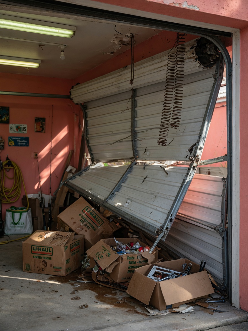 Damaged garage door hanging at a dangerous angle after spring failure, crushed cardboard boxes underneath, realistic Cape Coral garage interior, dramatic lighting, 8K