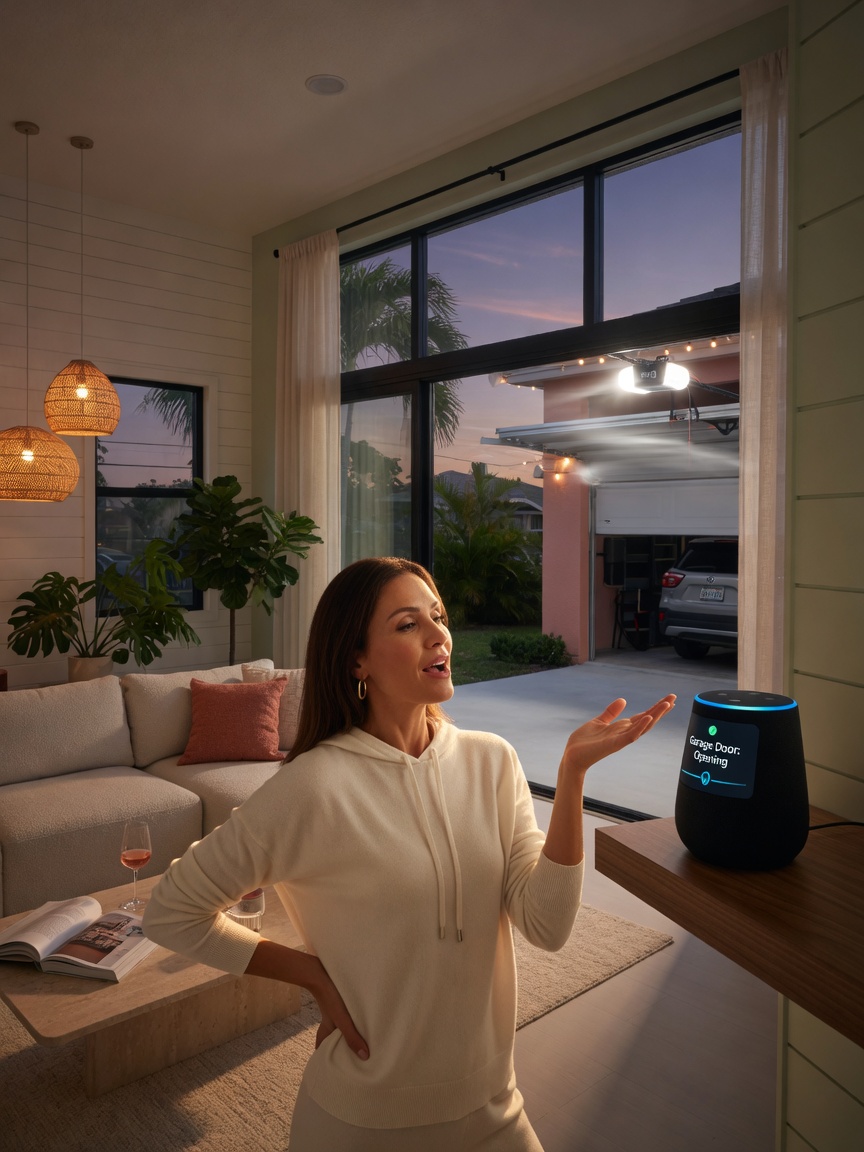 Homeowner using voice command with Amazon Alexa device in modern Cape Coral living room while smart garage door is visible through glass doors responding to command, warm interior lighting