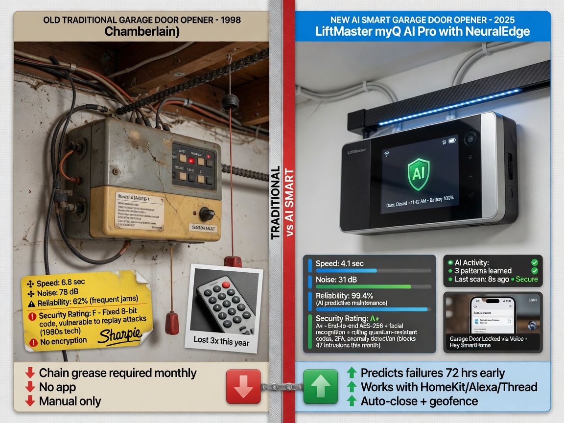 Ultra-realistic 8K comparison split image showing old traditional garage door opener versus new AI smart system with performance metrics and security ratings displayed