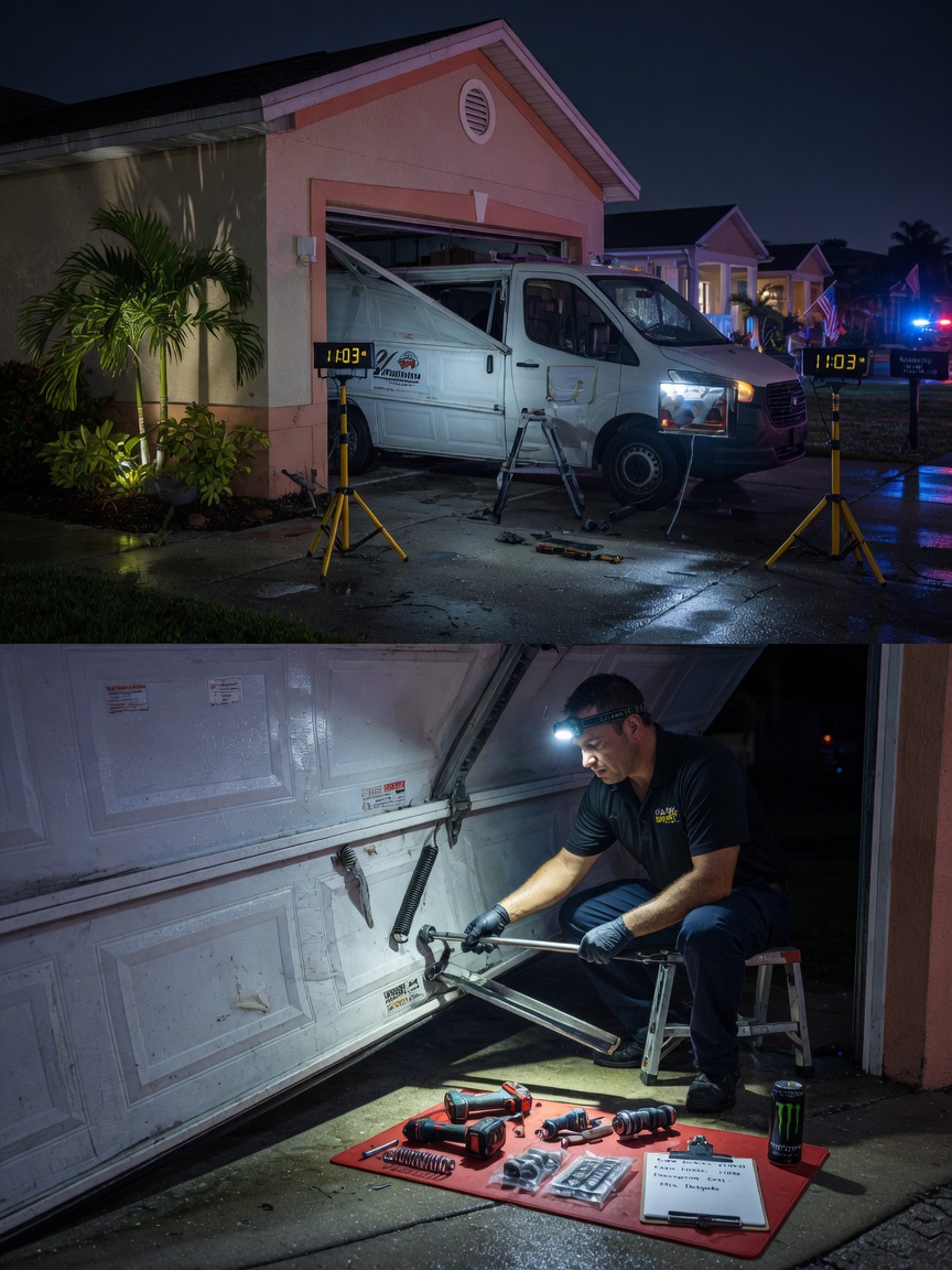 Ultra-realistic 8K night time image showing emergency garage door repair in Cape Coral at 11pm with technician working under bright work lights on a stuck garage door