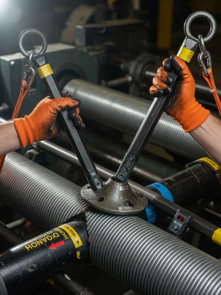 Technician using specialized winding bars to safely release tension from a torsion spring system, close-up of hands and tools, extreme detail 8K