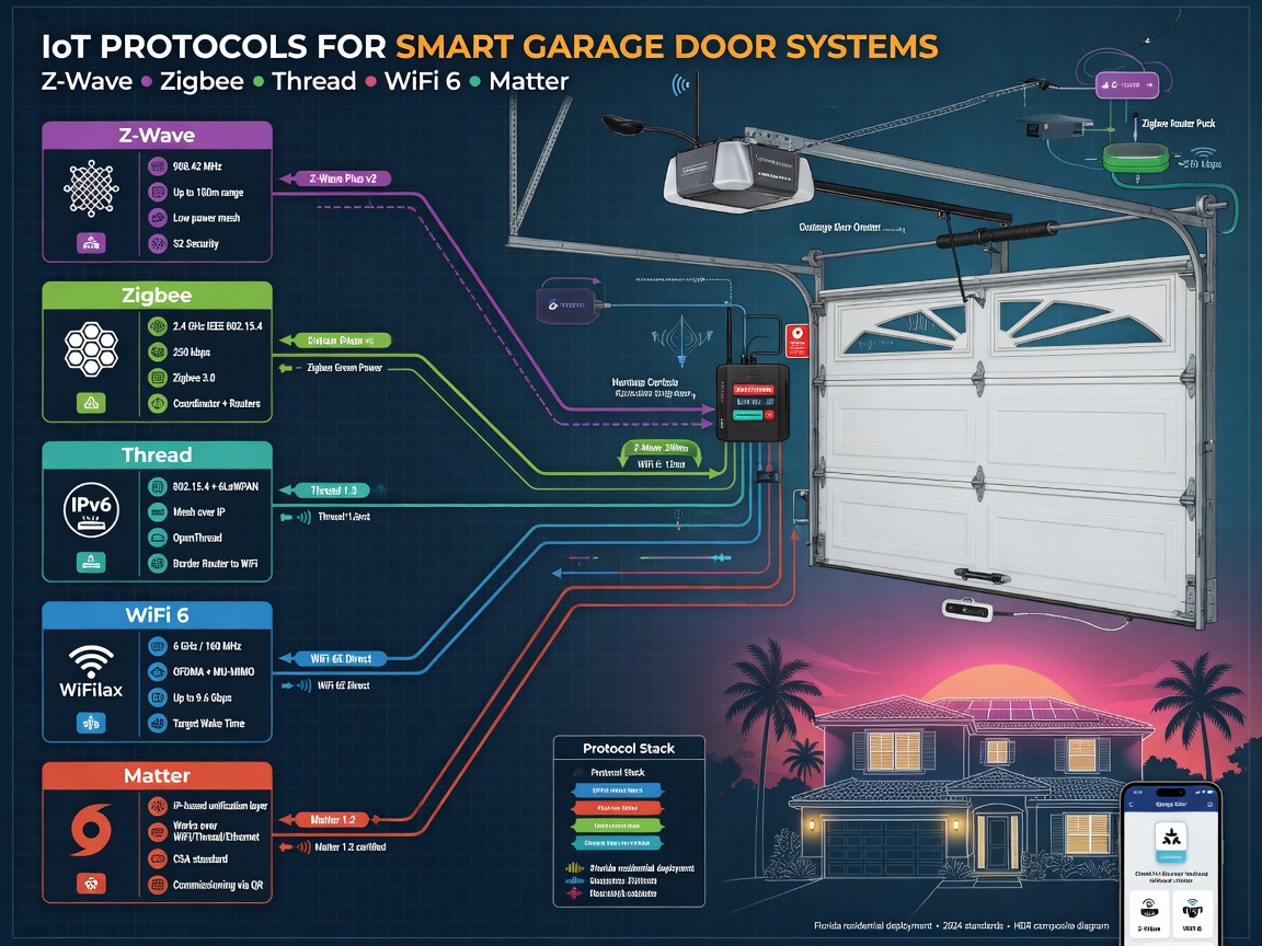 Detailed 8K technical diagram style image showing IoT protocols including Z-Wave, Zigbee, Thread, WiFi 6 and Matter connecting to a smart garage door system with Florida home silhouette