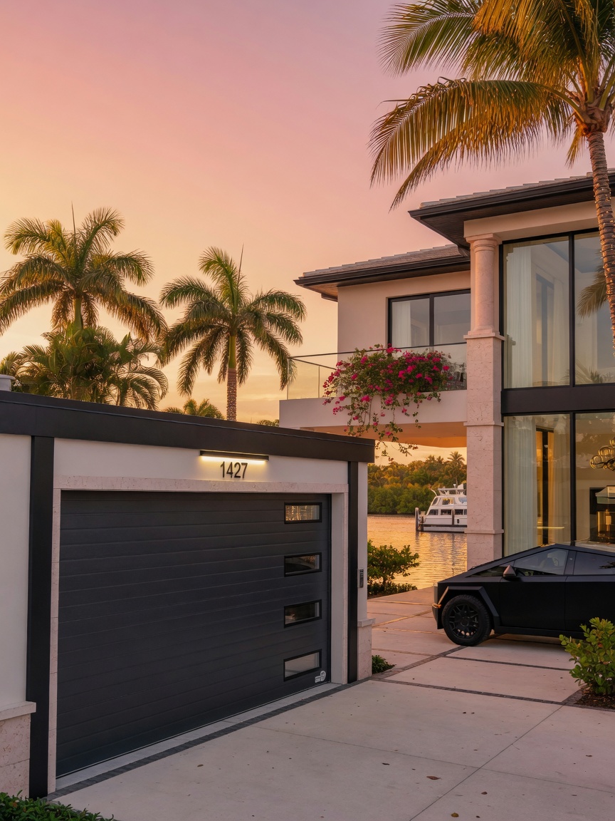 Realistic 8K image of modern impact-rated garage door installed on luxury waterfront home in Southwest Florida, golden hour lighting, palm trees