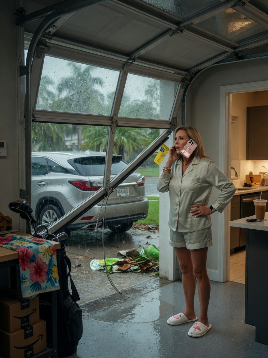 Ultra-realistic 8K photograph of a Florida homeowner using a smartphone to call for emergency garage door service while standing safely inside looking at a jammed door during rain